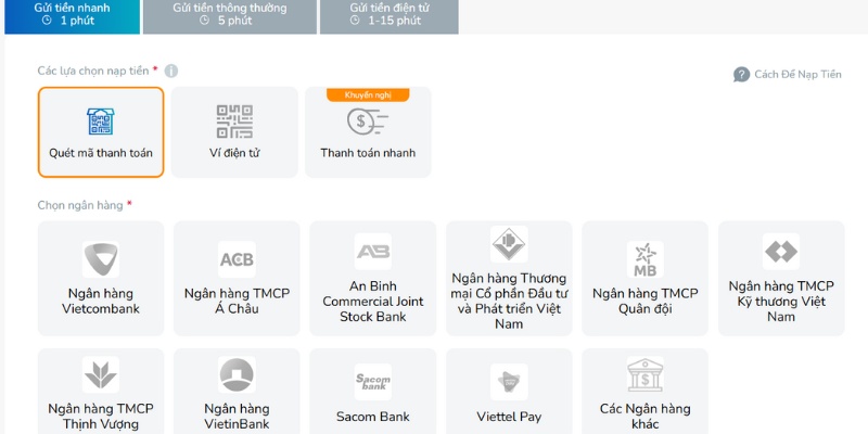 Hình thức nạp tiền BK8 vào ví chính nhà cái