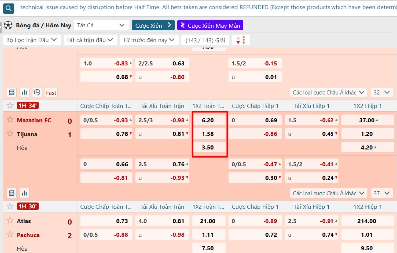 Ví dụ trận đấu Mazatlan FF và Tijuana